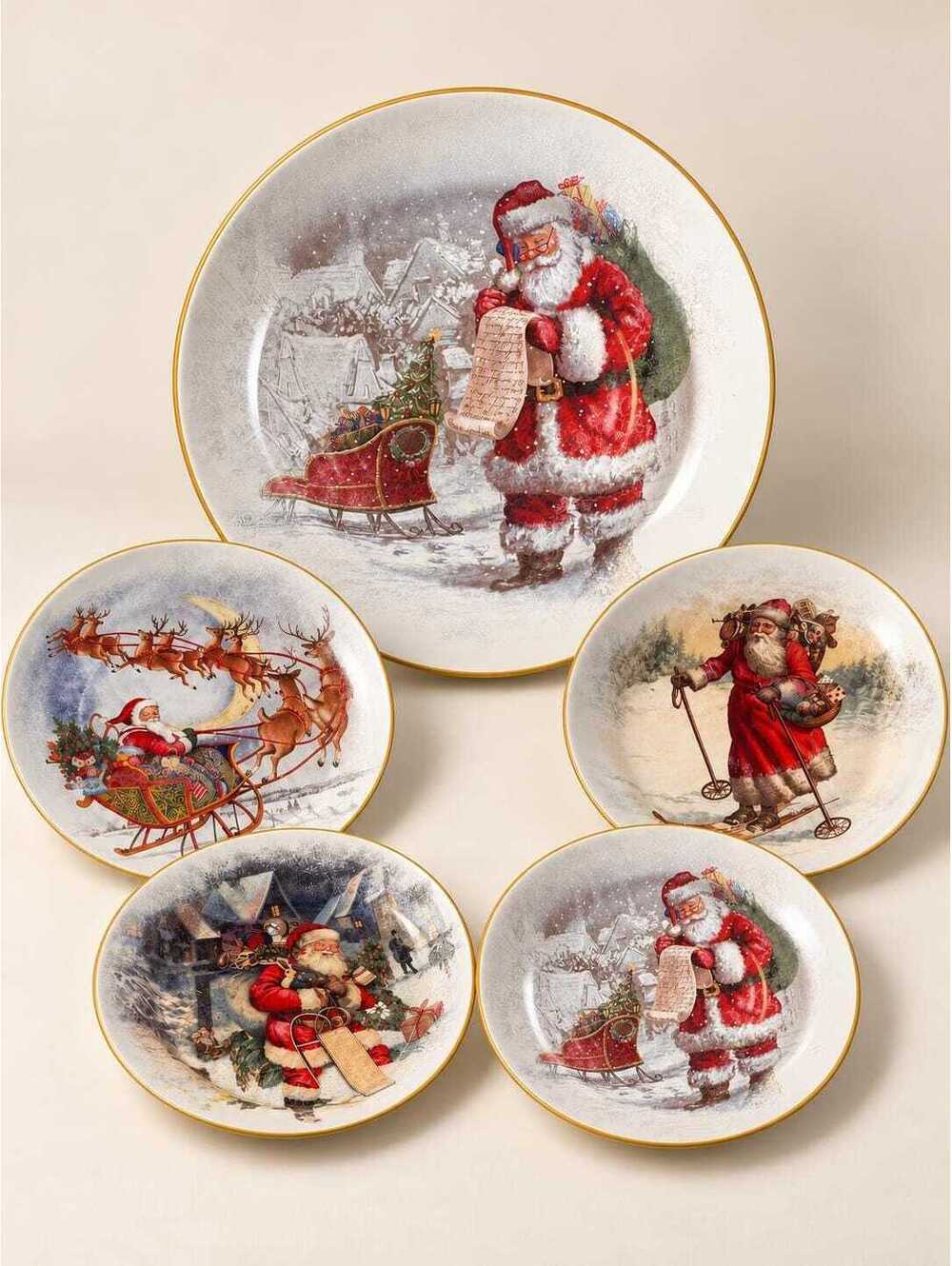 Discontinued Pottery Barn Nostalgic Santa 5 Pc Stoneware Set Bowl Plates